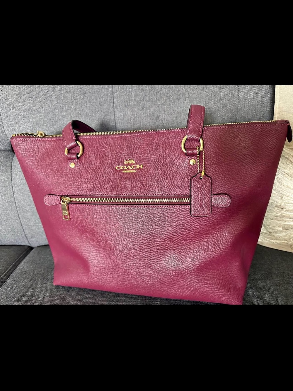 Coach Burgundy Saffiano Leather Tote with Gold Hardware